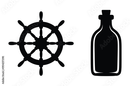 Ship steering wheel and message bottle icon