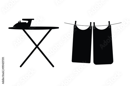 Ironing board and clothesline with hanging laundry icons