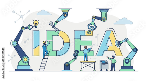 Robotic arms assembling digital technology letters with engineers working in a modern factory setting