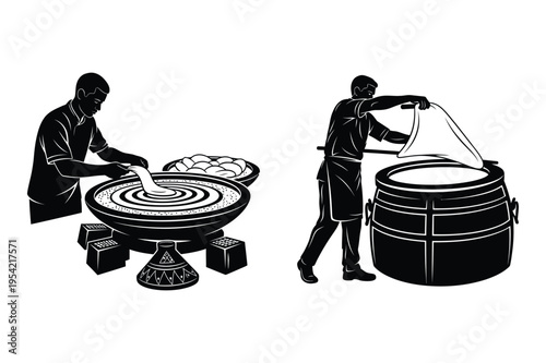 Food preparation and barrel crafting illustration with black and white