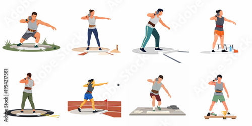 Collection of male and female athletes performing shot put in various stages of the throw, flat vector illustration set.