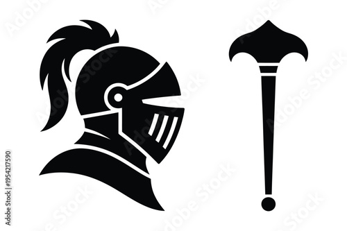 Knight helmet and mace illustration with black and white