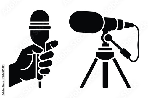 Microphone handheld and on tripod illustration with black and white