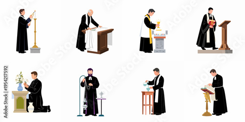 Flat vector illustration set of clergy members performing diverse religious ceremonies, including lighting candles, reading scripture, and preparing the altar.