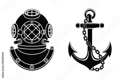 Diving helmet and anchor illustration with black and white