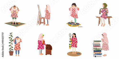 Set of flat illustrations featuring young Muslim girls in floral dresses engaging in daily religious and cultural activities like wearing hijabs and praying.