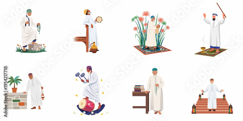 Collection of flat vector illustrations depicting Omani men in traditional attire engaged in diverse cultural, religious, and musical activities of Oman