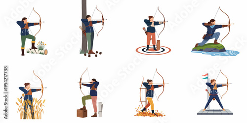 Set of flat vector illustrations featuring female archers in various outdoor settings and dynamic poses, aiming their bows and arrows.