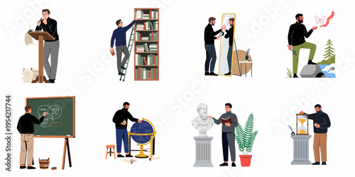 Flat vector illustrations of a man exploring philosophy, science, history, and self-reflection through various intellectual activities and deep thoughts.