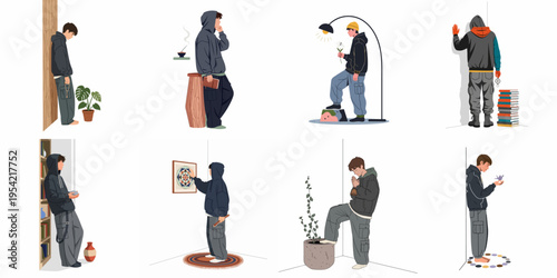 Set of eight illustrations of a pensive young man in casual streetwear, exploring themes of solitude, reflection, and quiet introspection.