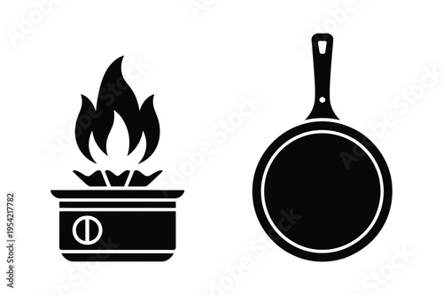 Camping stove and frying pan illustrations with black and white