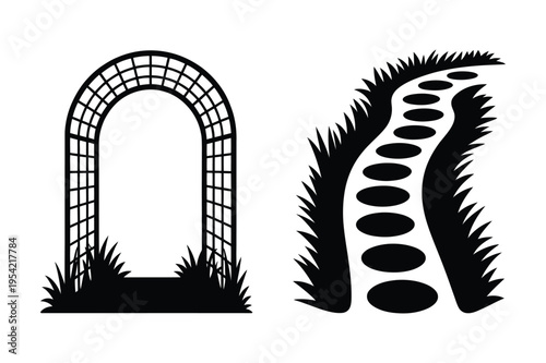 Garden arch and stepping stone path with stepping stones