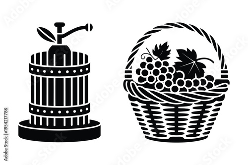 Grape press and basket with grapes with black and white