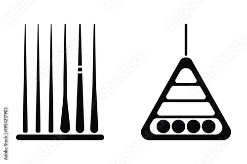 Pool cues and billiard balls rack icons for game and leisure