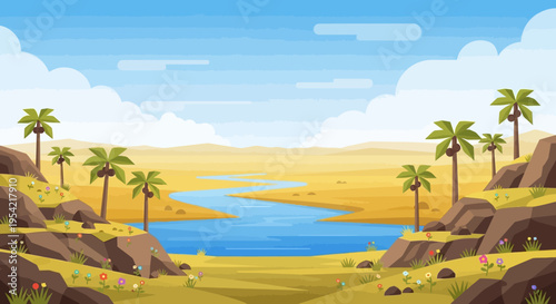 Pixel Art Desert Oasis Landscape with Palm Trees and River