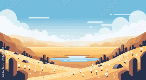 Pixel Art Desert Oasis Landscape with Mountains, Lake, and Blooming Wildflowers