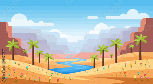 Pixel Art Desert Oasis Landscape with Palm Trees, River, and Flowers