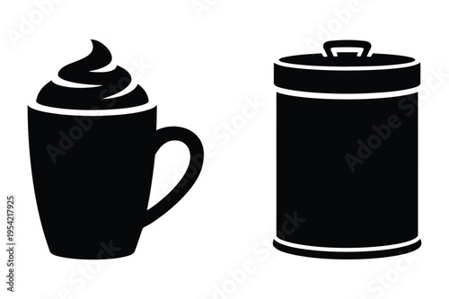 Whipped cream coffee mug and trash can icons beverage and waste