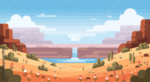Pixel Art Desert Oasis Landscape with Waterfall and Blooming Wildflowers