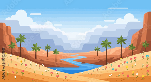 Pixel Art Desert Oasis Landscape with River, Palm Trees, and Wildflowers