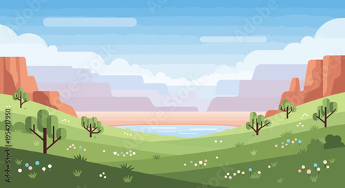 Pixel Art Grand Canyon Landscape with River and Green Hills