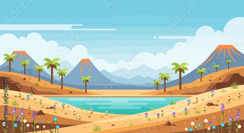 Pixel Art Dinosaur Landscape with Volcanoes, Palm Trees, and Lake