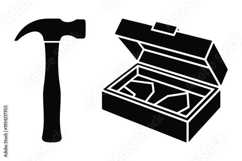 Hammer and open toolbox icons for construction and home repair