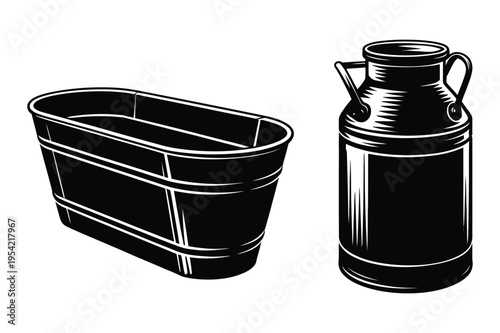 Rustic metal tub and milk can silhouettes vector icons