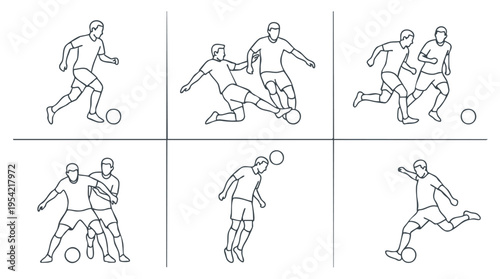 Set of Line Art Illustrations Showing Various Soccer Players Actions and Moves in Sport