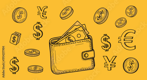 Wallet with money and currency symbols.