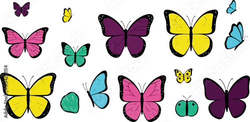 A vibrant set of colorful butterflies fluttering gracefully around a variety of blooming flowers