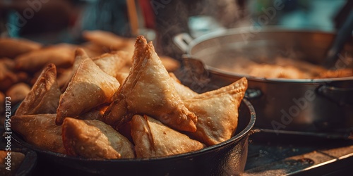 Crispy Samosas bustling food market Delhi savory scent blending sound of Indian classical music clean professional stock photo sharp macro photography style cinematic realism ultra photorealistic no