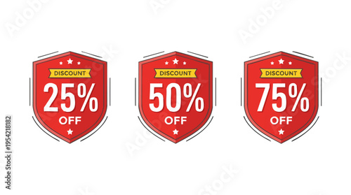Set of three discount badges showing 25, 50, and 75 percent off offers for sale or sale promotion