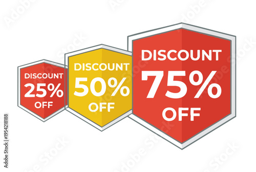 Sets of colorful discount sale tags displaying 25 50 and 75 percent off for retail and marketing promotions
