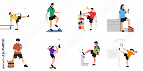 A collection of diverse athletes and students participating in various badminton and shuttlecock training activities, sports drills, and physical education exercises.
