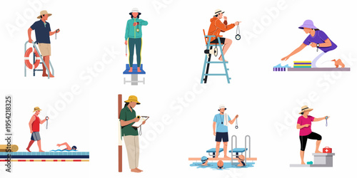 Set of flat illustrations featuring various swimming coaches and lifeguards performing their duties at a pool with sports equipment and stopwatches.