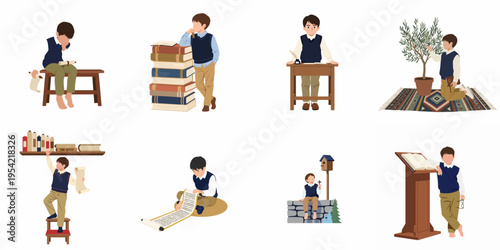 Collection of eight illustrations featuring a young boy student engaged in various academic, historical, and religious learning activities, isolated on white.