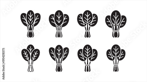 Spinach silhouettes black vector pattern set leafy vegetable minimalist food icons