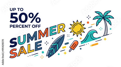 Summer Sale Advertisement with Bright Tropical Beach Elements and Promotional Text for Up to 50% Discount