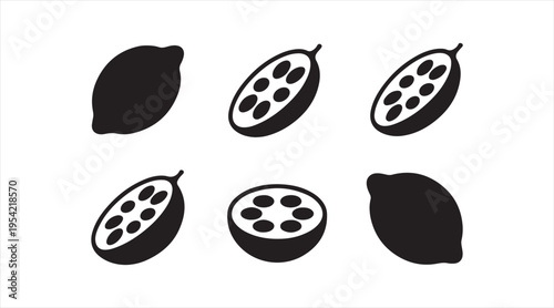 Passion fruit silhouettes black vector set whole and sliced tropical fruit minimalist icons