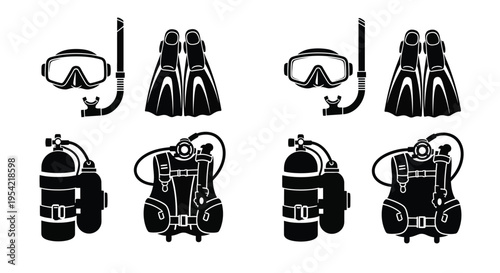 Black scuba diving gear set in a distinctive silhouette