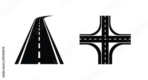 Road infrastructure icons showcasing highway junctions a black silhouette