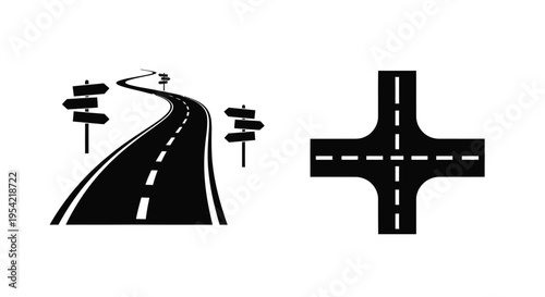 Road junctions and a crossroad depicted in a stark black silhouette
