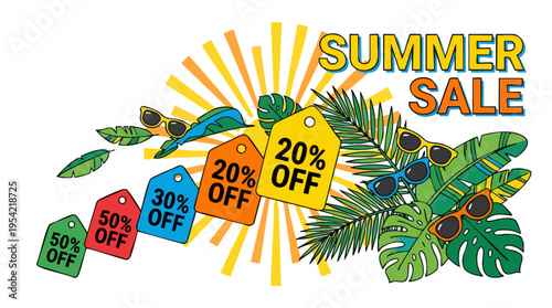 Summer Sale Advertisement with colorful discount tags, tropical leaves, and sunglasses for back-to-school or summer shopping promotion