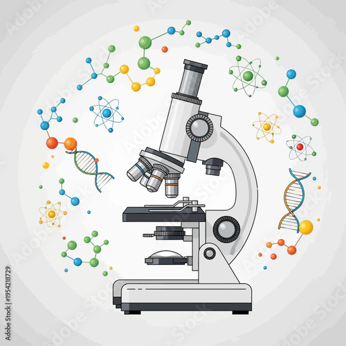 Microscope and molecular structures, DNA, atoms, science, research, laboratory, education, discovery