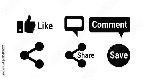 Social media icons depicting like comment share and save silhouette