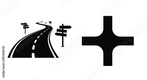 Road forks and a cross symbol presented as a striking silhouette