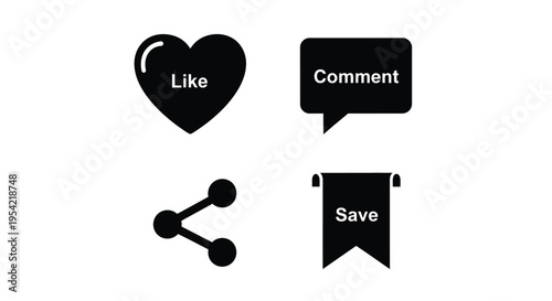 Social media icons for like comment share and save silhouette