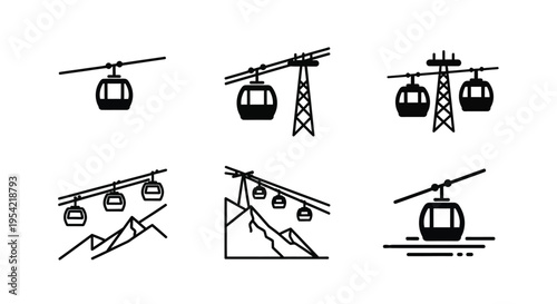 Minimalist cable car icons with mountain views a striking silhouette