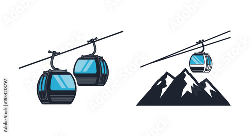 Cable cars traveling over mountains with a distinctive dark silhouette